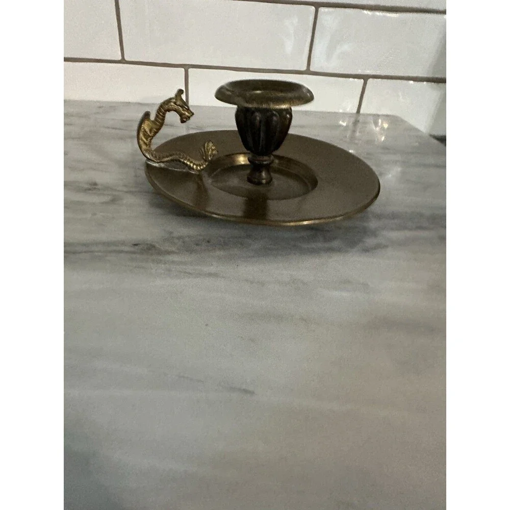 Vintage Brass Dragon Handle Candlestick Candle Holder Chamberstick